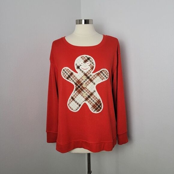 Jane and Delancey Red Festive Holiday Christmas Gingerbread Man Sweatshirt Large - Picture 1 of 11
